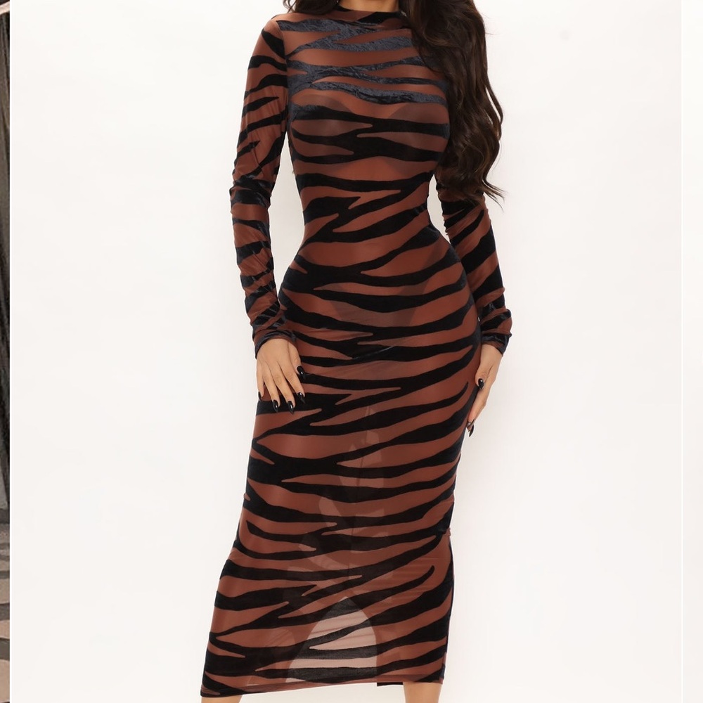 FN Brown and black zebra print long sleeve maxi bodycon dress